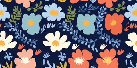 Hand drawn flowers, seamless patterns with floral for fabric, textiles, clothing, wrapping paper, cover, banner, interior decor, abstract backgrounds