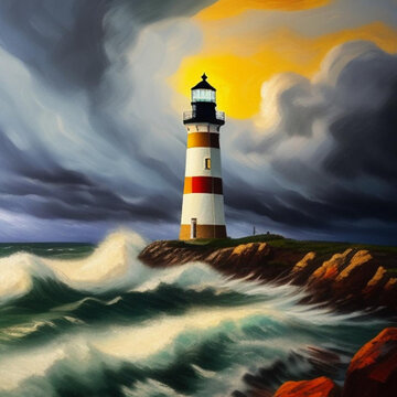 Impressionism painting style of storm clouds over lighthouse on rocky outcrop.  Generative AI
