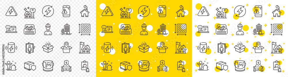 Poster outline toolbox, square area and lightning bolt line icons pack for web with renewable power, open b
