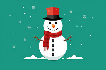 Happy snowman in a red hat and scarf on emerald background with copy space. Christmas and new year wallpaper