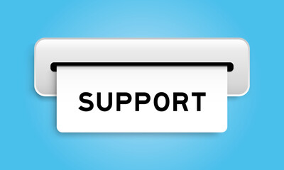 White coupon banner with word support from machine on blue color background