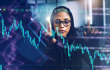 Code, information technology and woman with digital transformation and programming database on screen. Overlay, server and programmer coding, data center and dashboard with hacker and cybersecurity