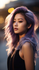 Fototapeta premium Portrait of Stunning Young Asian Woman with Pink Hair Captured in Golden Hour and Natural Light, High-Quality Beauty Photography