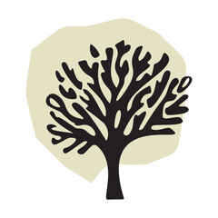 Whimsical woodland tree design element in vector organic style. Beige blob color forest arbor for outdoor quirky linocut elements. 