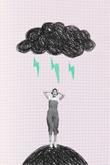 Vertical collage image of mini impressed terrified black white effect girl hands touch head big...