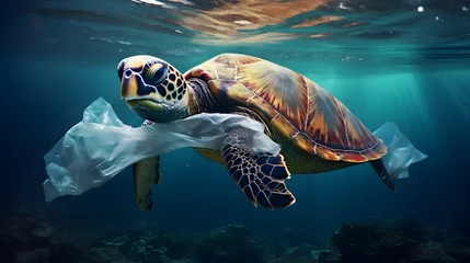 Fotobehang turtle with a plastic bag floats in the ocean © Andsx
