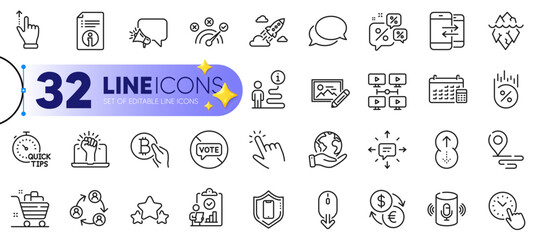 Outline set of Video conference, Phone communication and Discounts chat line icons for web with Time management, Teamwork, Iceberg thin icon. Touchscreen gesture, Bitcoin pay. Vector