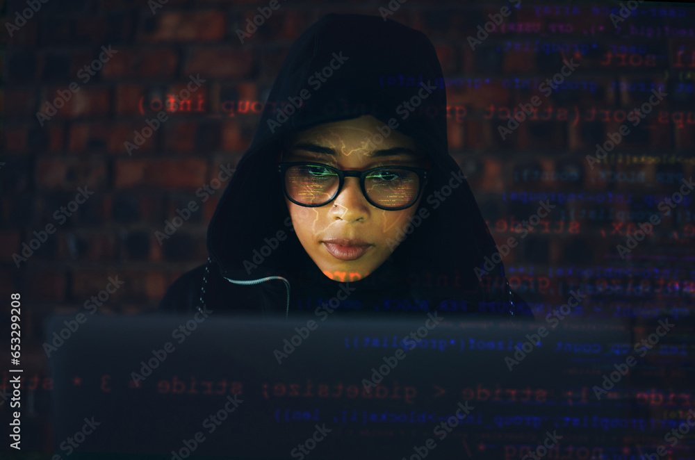 Poster Hacker, woman in basement and laptop, coding and IT with code overlay, database with phishing and cyber crime. Cybersecurity, programming or hacking, criminal with pc for ransomware and firewall