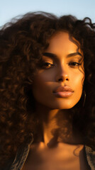 Fototapeta premium Portrait of Stunning Young Black Woman with Black Hair Captured in Golden Hour and Natural Light, High-Quality Beauty Photography