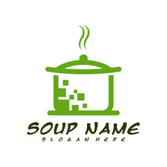 Food Cooking with Pixel logo design vector. Kitchen logo with pot full of healthy vegetables and vitamins.