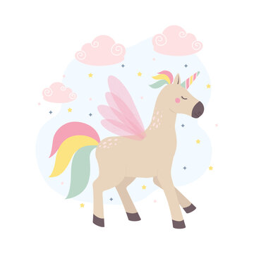Unicorn among clouds and stars childrens fairy tale characters. Flat cartoon vector illustration.