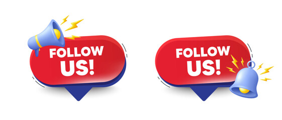 Follow us tag. Speech bubbles with 3d bell, megaphone. Special offer sign. Super offer symbol. Follow us chat speech message. Red offer talk box. Vector