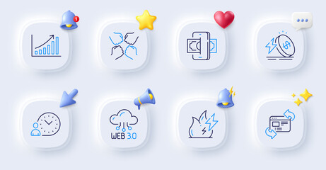Refresh website, Energy price and Fire energy line icons. Buttons with 3d bell, chat speech, cursor. Pack of Phishing, Web3, Graph chart icon. Squad, Time management pictogram. Vector