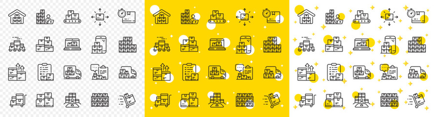 Warehouse manager, Wholesale stock, Goods checklist. Inventory line icons. Delivery logistic, Box shelf, Warehouse distribution outline icons. Wholesale freight, Storage and Inventory operator. Vector