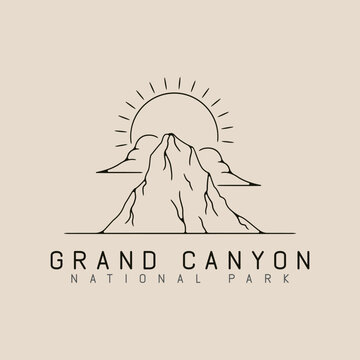 grand canyon mountain national park line art logo design with sun burst and cloud minimalist style logo vector illustration design.