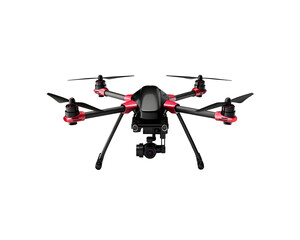 Advance and Latest Black and red multicopter UAV (Unmanned Aerial Vehicle) with four rotors, Isolated Cutout PNG, on a transparent background, AI