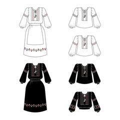 Embroidered shirts and dresses sketches, Set of Ukrainian national dress linear icons. Vector illustration isolate on white.
