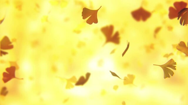 黄色いイチョウ並木の前で銀杏の葉が落ちる、CGで作成した背景素材、秋の落葉の風景