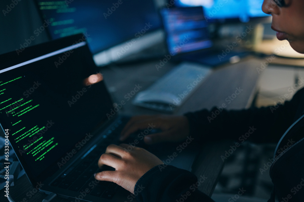 Poster Hands, code and night with laptop typing with cybersecurity, hacker and software data analysis. Person, programmer and computer work with firewall system hacking and algorithm writing for malware