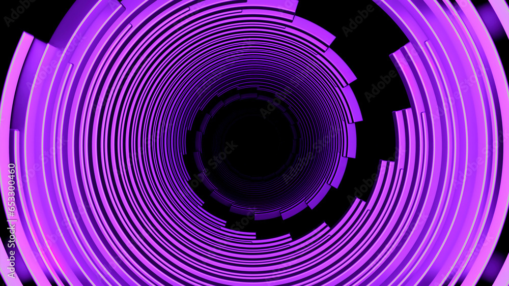 Poster green and purple bright lines. design. black background with stripes rotating in a circle made in 3d