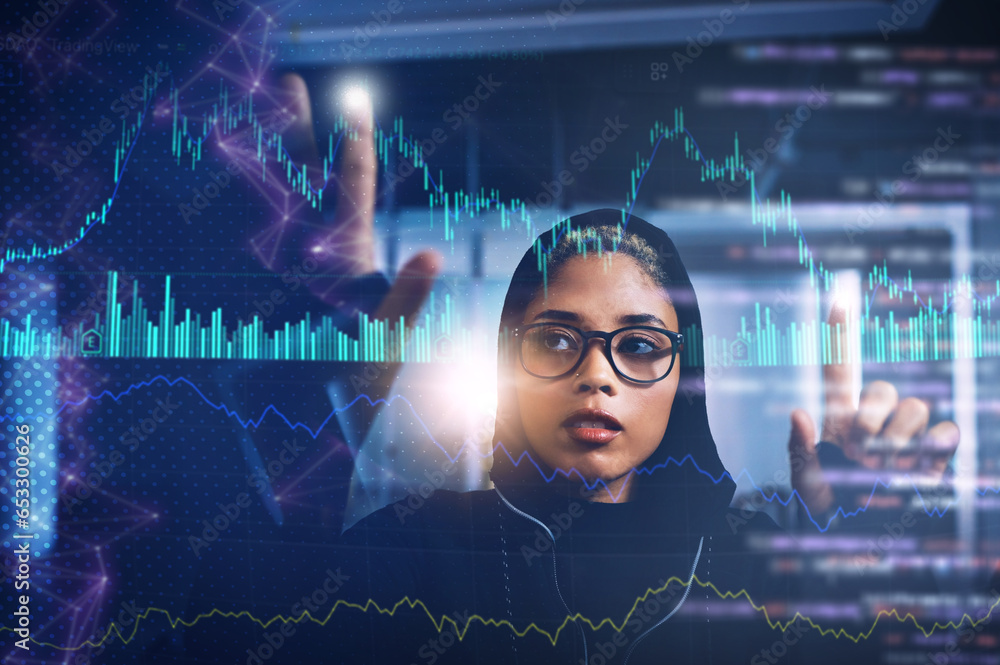 Leinwandbilder Code, information technology and woman with digital transformation and data science, programming database on screen. Overlay, fingerprint and programmer coding, dashboard with hacker and holographic