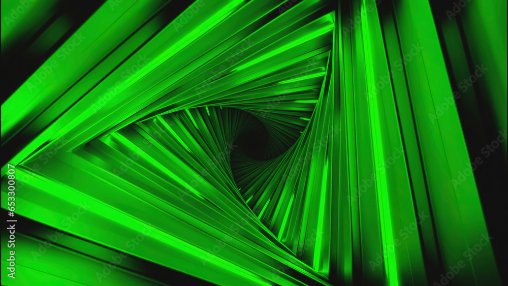 Poster movement in 3d tunnel with triangular lines. design. 3d tunnel with geometric triangular turn. movem