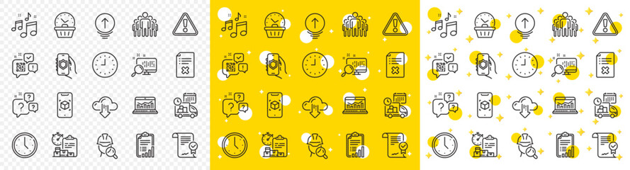 Outline Qr code, Cloud download and Clock line icons pack for web with Question bubbles, Approved agreement, Delivery line icon. Security app, Swipe up, Inspect pictogram icon. Vector
