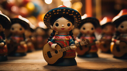 juguetes mexicanos de madera pastores con ropa tipica de mexico guitarras y luces brillantes  - obrazy, fototapety, plakaty