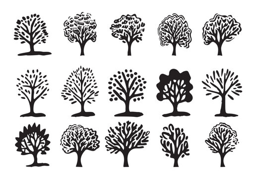 Quirky forest tree design collection vector organic style. Monochrome woodland arbor for outdoor whimsical linocut set. 