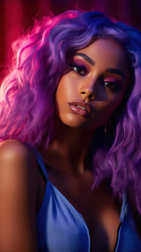 Portrait Of Stunning Young Black Woman With Purple Hair Captured In Golden Hour And Natural Light, High-Quality Beauty Photography