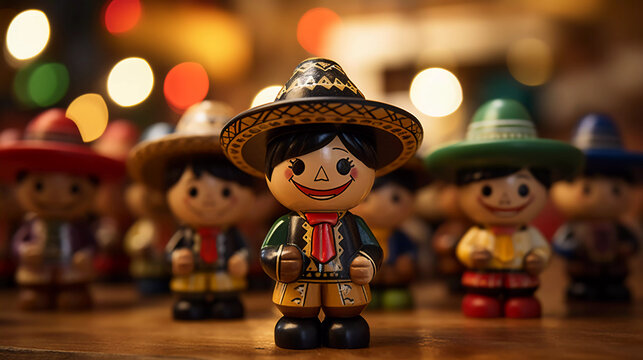juguetes mexicanos de madera pastores con ropa tipica de mexico guitarras y luces brillantes 