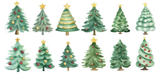 Watercolor Illustration set of Christmas tree. Set of christmas trees vector