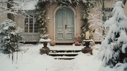 Obraz premium Generative AI, House front in the winter with Christmas decoration, wreath and garland. Snow cosy season.
