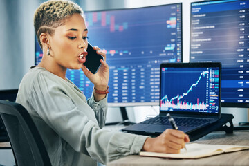 Woman, phone call at desk and networking for cyber trade, cryptocurrency and investment in online stocks. Nft, financial advisor or broker on cellphone, writing notes on market research or lead info.