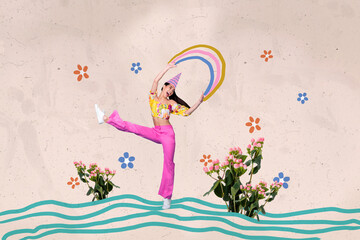 Creative composite photo collage of funny optimistic woman in birthday cone dancing celebrate...