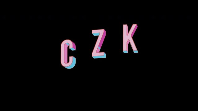 Bright letters jump merrily in the inscription CZK ISO code currency. Retro. Alpha channel black. Looped from frame 120 to 240, Alpha BW at the end