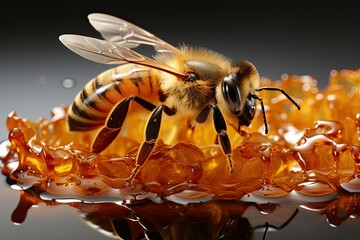 a bee and splash honey isolated on white - obrazy, fototapety, plakaty