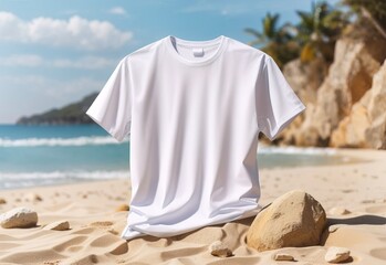 Fototapeta na wymiar Classic white t-shirt mock up on a beach sand rock background
