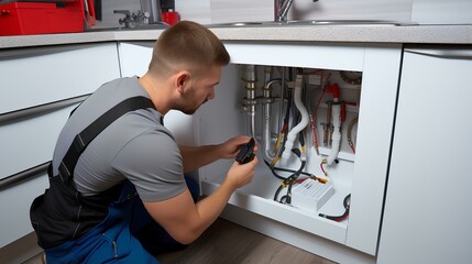A male plumber repairs a pipeline or drain under the sink.