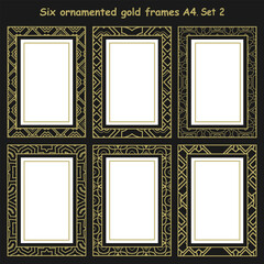 Six ornamented gold frames in A4 format. Elegant decoration for photos, pictures, covers and more. Vector set 2