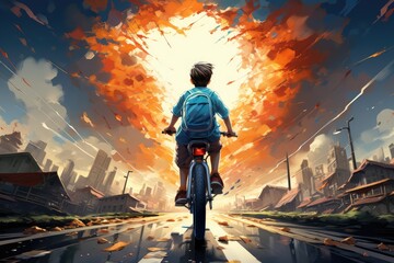 Chłopiec na rowerze odkrywa nowe miejsca, rozwija wyobraźnie i spełnia marzenia.  - obrazy, fototapety, plakaty