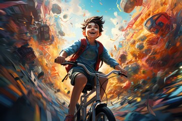 Chłopiec na rowerze odkrywa nowe miejsca, rozwija wyobraźnie i spełnia marzenia. 