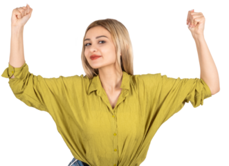 Doing winner gesture,  portrait of young proud confident blonde girl doing winner gesture. Clenching fist up air, celebrate concept idea. Say yes! Isolated transparent png background.
