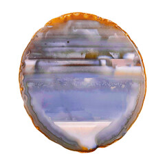 Cross section of blue agate crystal geode. Item for interior decoration. Translucent agate crystal surface cut isolated on white background.