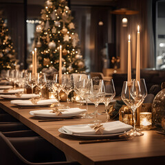 Christmas time at the restaurant, restaurant photography, sleek neutrals background, light palette photography. Generative AI.