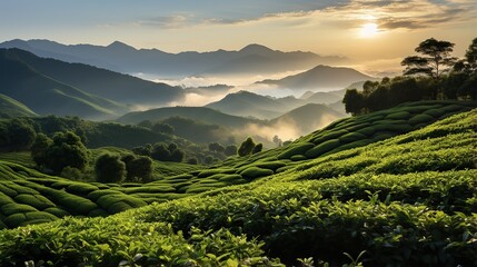 Morning view of the tea plantation on the top of hill - obrazy, fototapety, plakaty