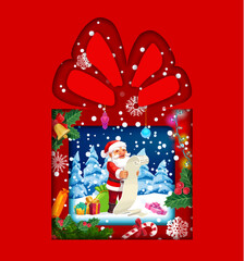 Christmas paper cut double exposition with gift, holiday decorations and Santa. Vector 3d layered frame in shape of present box with bow and funny Father Noel reading scroll with kids wishes