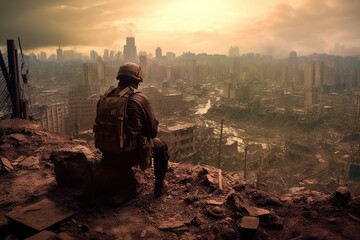 A soldier looks at the ruined city with his head bowed. A ruined building in the background.