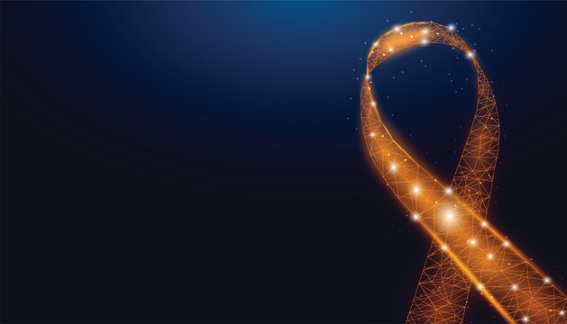 Leukemia awareness month concept. Banner template with glowing low poly orange ribbon. Wireframe modern abstract background. Vector illustration
