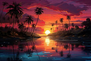 Egzotyczna plaża z palmami o zachodzie słońca.  - obrazy, fototapety, plakaty